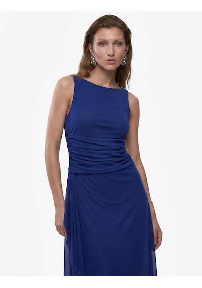 Koton Slim Fit Asimetrik Drapeli Kayık Yuvarlak Yaka Kolsuz Midi Elbise Mavi 6sak80074uk