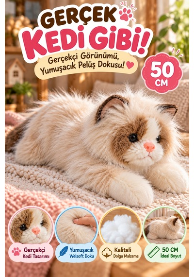 Krem Gerçek Kedi Görünümlü Pelüş Kedi 50 Cm Uzun Tüylü Yumuşacık Sarılmalık Dekoratif Oyuncak Kedi