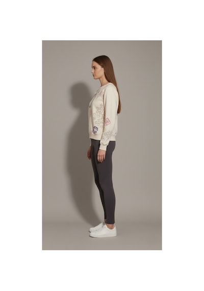 The Kadın %100 Pamuk Baskılı Bisiklet Yaka Sweatshirt 3 İplik Şardonsuz Rahat Kalıp Krem