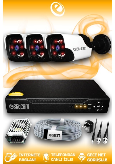 Elitcam 3 Kameralı Panda 3 Dış Kamera Set HDD'siz Full HD Gece Görüşlü Güvenlik Kamerası Sistemi
