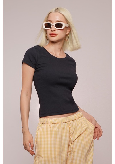 Lacivert Geniş Yaka Fittili Basic Kadın T-shirt Mg2293 Lacivert