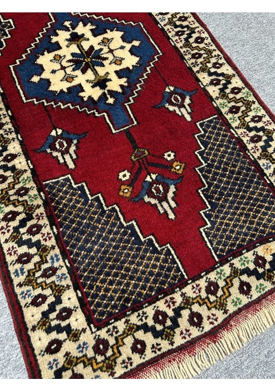 El Dokuma Sıfır Yahyalı Yolluk 75x270 Lacivert Kırmızı Yün Halı Lacivert