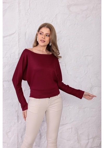 Ckm Moda Luna Yarasa Kol Bel Büzgü Detaylı Bluz Bordo