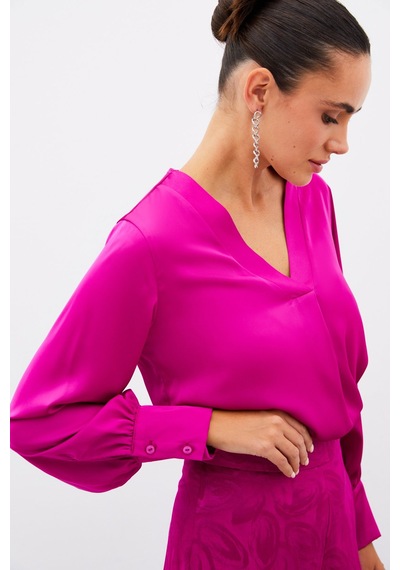 Sateen V Yaka Saten Bluz - Fusya-134905 Fusya Fuşya