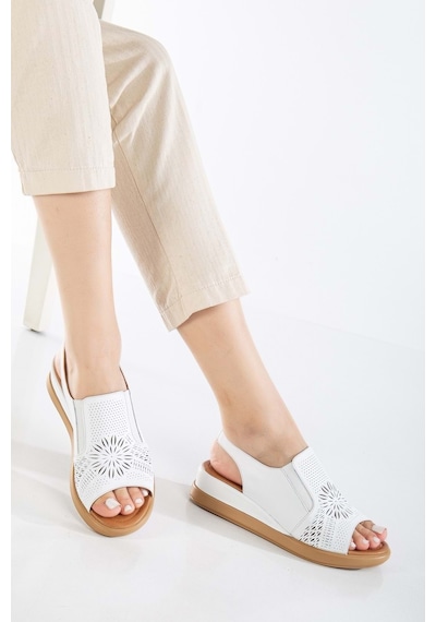 Analin Shoes Kadın Hakiki Deri Lastikli Sandalet Beyaz