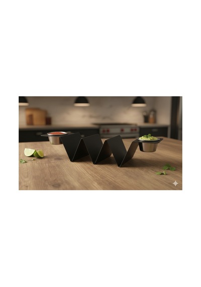Modern Tasarım 3 Bölmeli Taco Standı Ve Sosluk Seti - Mat Siyah Metal Taco