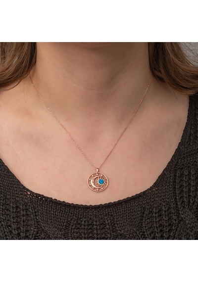 Gümüş Rose Opal Mavi Taşlı Ay Güneş Kadın Kolye Gümüş - Rose Gold