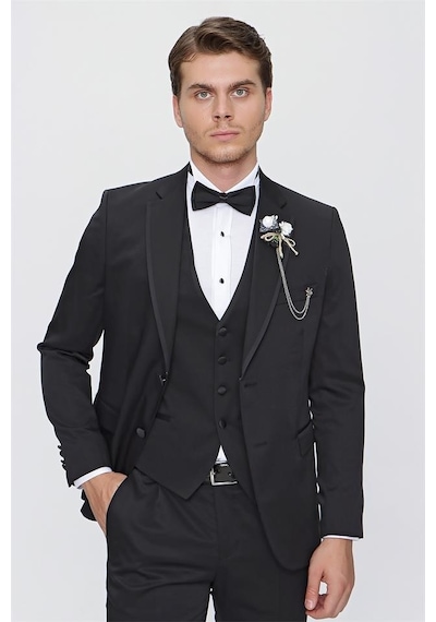 İmza Siyah Desenli Armürlü Mono Yaka Astarlı Yelekli 6 Drop Slim Fit Dar Kesim Smokin Damatlık 1001220201-Siyah