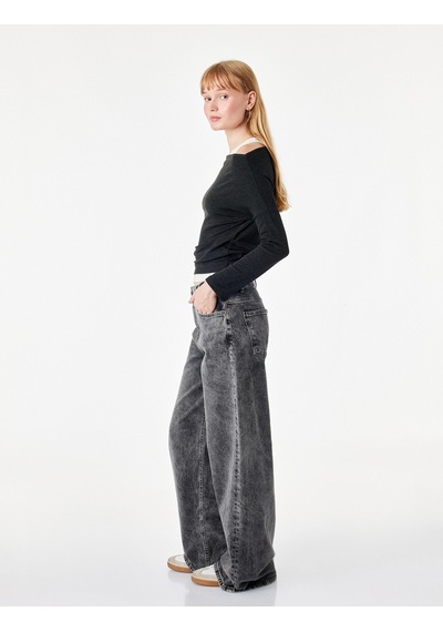 Koton Slim Fit Asimetrik Yaka Katmanlı Uzun Kollu Tişört Antrasit 7wal10328ık