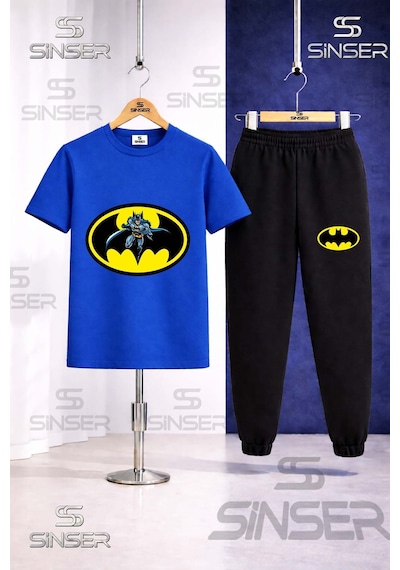 Ss Sinser Çocuk Batman Logo Icınde Baskılı Tişort Eşofman Takımı Mavi - Siyah