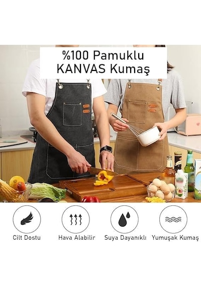 Unisex Kanvas Mutfak Önlüğü Ayarlanabilir Askılı Cepli Barista Garson Servis Önlüğü Kahve Açık Kahverengi - Beyaz