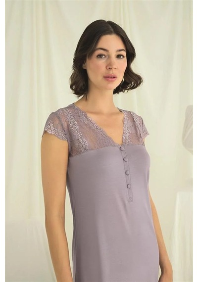 Ang Butik Kadın Kolu Omzu Ve Yakası Dantelli Önü Düğmeli Gecelik Gri