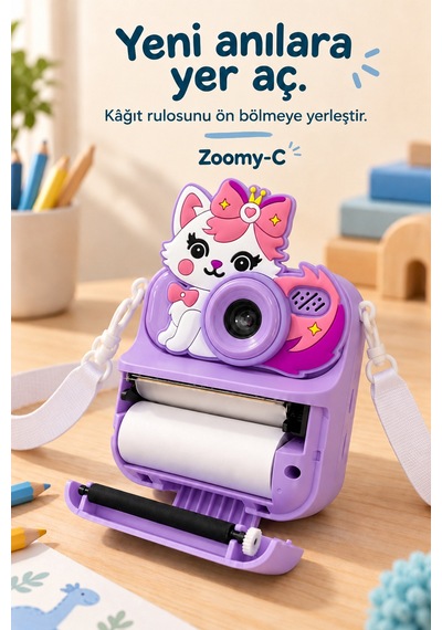 Kj/zm-001 Zoomy-c Kedi Figürlü Anında Baskılı Çocuk Fotoğraf Makinesi, Çift Kamera, 2,4 İnç Ekran, 1080p Video, 3+ Yaş Mor