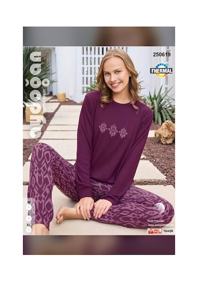Aydoğan Kadın Asya Etnik Desenli Mürdüm Termal Pijama Takımı 250619