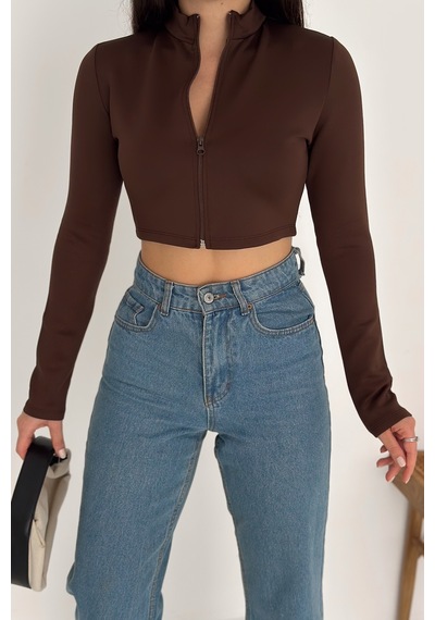 Kadın Fermuarlı Crop Ceket Dinamik & Modern Stil Kahverengi