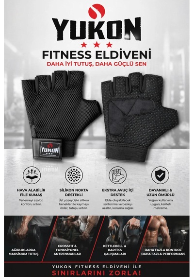 Yukon Kısa Bilek Sargılı Spor Bisiklet Fitness Eldiveni M Siyah