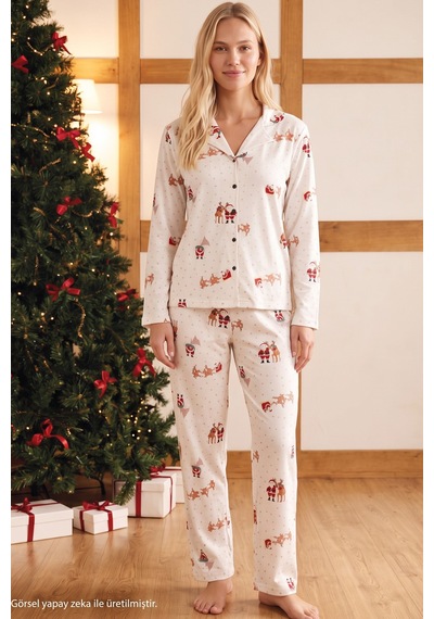 Siyah İnci Ekru Yılbaşı Temalı Desenli Termal Kumaşlı Ultra Soft Yumuşak Düğmeli Örme Pijama Takımı 26226825 Siyah İnci Ekru Yılbaşı Temalı Desenli Termal Kumaşlı Ultra Soft Yumuşak Düğmeli Örme Pijama Takımı 26226825