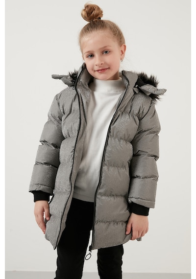 Lela Yakası Suni Kürklü Peluş Astarlı Çıkarılabilir Kapüşonlu Dar Kesim Kışlık Kız Çocuk Mont 5760002 Silver