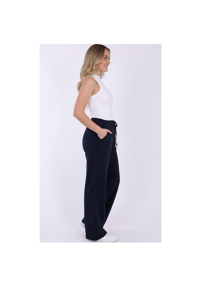 Myrab Denim Kadın Mavi Baggy Keten Pantolon Lastikli Bel Bağcıklı Rahat Geniş Paça Yazlık Pantolon Lacivert