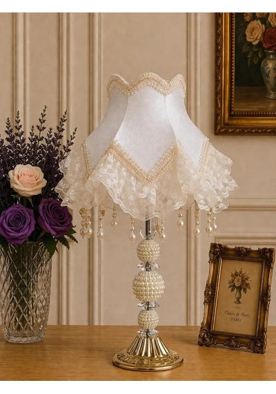 Ekru Kadife Kaplı Gold İşlemeli El Yapımı Başlık İnci Ayaklı Klasik Vintage Abajur 50x30cm