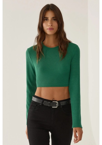 Hiccup Slim Fit Örme Crop Bluz Yeşil