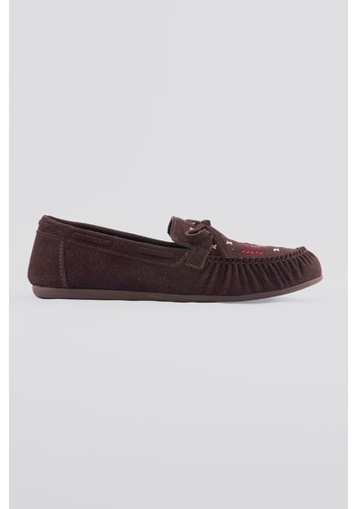 Kadın Süet Loafer Nakışlı Bağcıklı Ayakkabı Helia Kahverengi Kahverengi