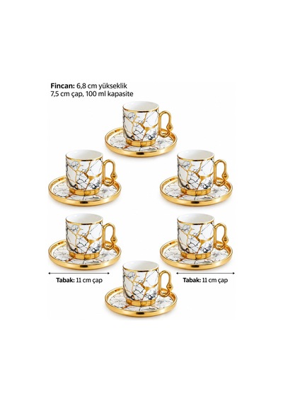 Valkyrie 12 Parça 6 Kişilik 80 Ml Türk Kahvesi Fincan Takımı Gold Mermer Desenli