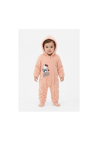 Chicsy Baby Hello Kitty Lisanslı Kız Bebek Welsoft Peluş Tulum Kapüşonlu Fermuarlı Kışlık Bebek Tulumu Somon