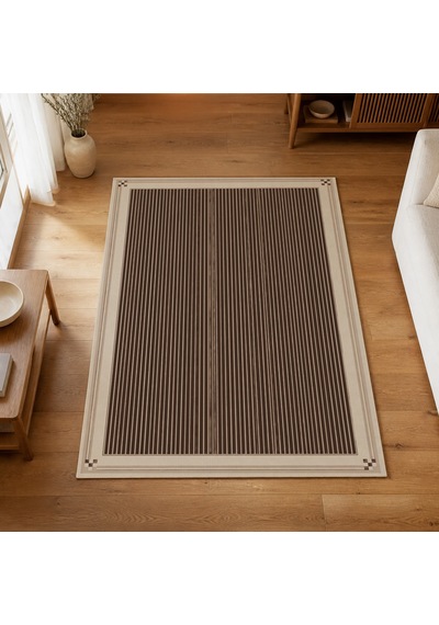 Kartela Halı İnce Çizgili Bordürlü Halı Kahverengi Kaymaz Taban Makinede Yıkanabilir 200x300 Cm