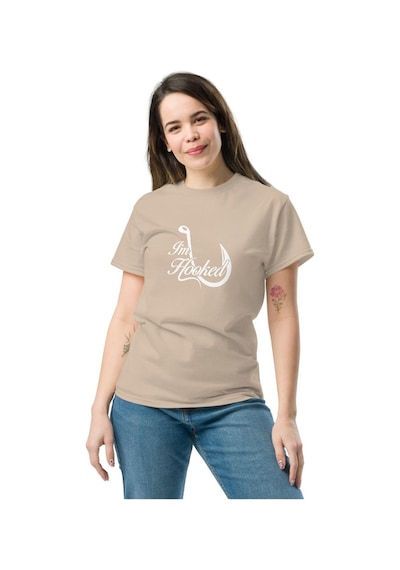Wildstyle I'm Hooked Balıkçılık Olta Balıkçı Tutkusu Baskılı Unisex Bisiklet Yaka Pamuklu Tişört Camel
