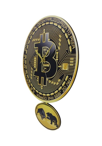 CajuArt Bitcoin Temalı Sallanan Sarkaçlı Ahşap Duvar Saati Hediye Sarı