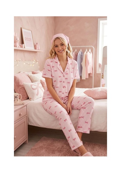 Fit Women Pembe Kurdele Desenli Bürümçük Kumaş Kısa Kollu Pijama Takımı 6064