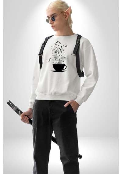 Kahve Müzik Nota Unisex Beyaz Sweatshirt Beyaz