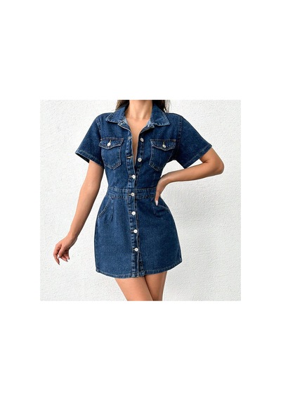 Kene Jeans Ön Arka Pensli Düğme Kapamalı Lacivert Elbise Lacivert