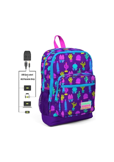 Coral High Kids Dört Gözlü Kız Çocuk İlkokul Çantası Kaktüs Desenli - USB+AUX Soketli 23273