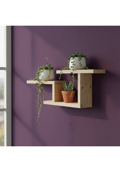 Modern Dekoratif Ahşap Duvar Rafı - 48x29 Cm - Çift Taraflı Bantlı Montaj - Saksılık & Kitaplık Bej