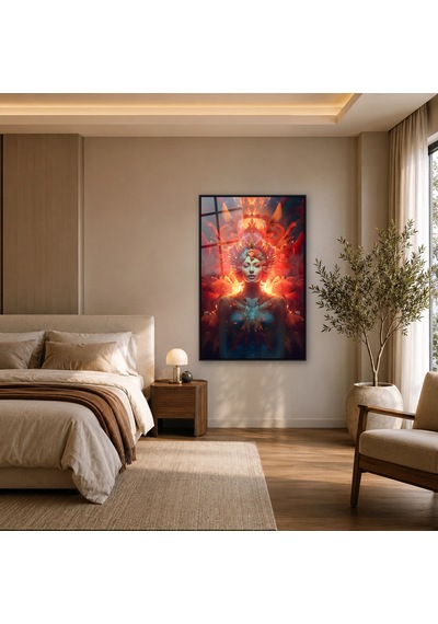 Alev Kanatlı Mistik Kadın Siyah Çerçeveli Cam Tablo
