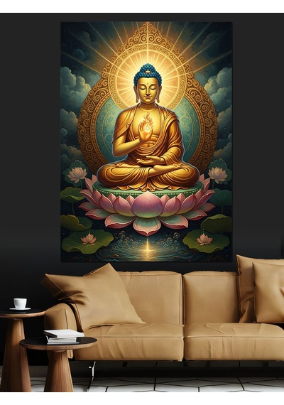 Ahşap Tablo Lotus Çiçeği Üzerinde Oturan Buda
