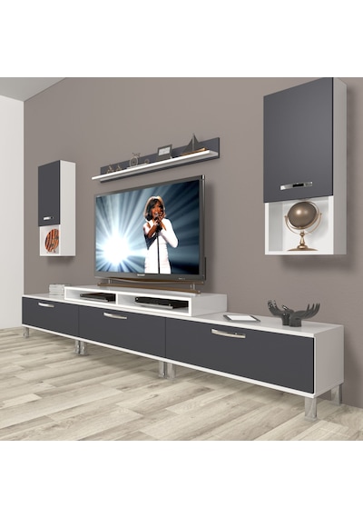 Decoraktiv Ekoflex 270da Mdf Krom Ayaklı Tv Ünitesi Tv Sehpası Beyaz - Antrasit