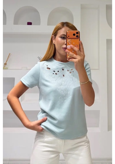 Fiolin Soft Touch Modal Kumaş Nakışlı Lazer Kesim T-shirt Mint Yeşili