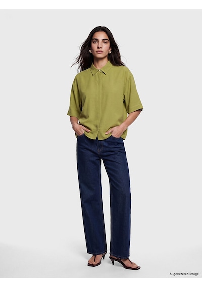 Lcw Vision Yeşil Keten Karışımlı Oversize Kadın Gömlek