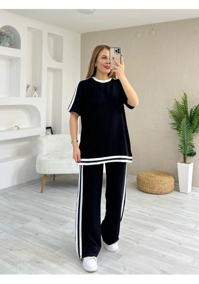 Veraura Lifestyle Kadın Kısa Kollu Bisiklet Yaka Çift Renk Şerit Detaylı Viskon Iki Iplik Bluz Ve Pantolon Ikili Takım Siyah