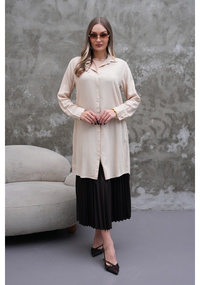 Polologin Butik Kemerli Uzun Krem Gömlek Tunik Ekru