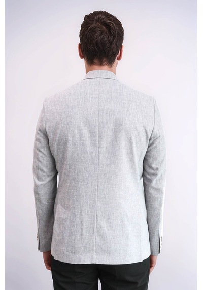 Gri Keten Dokulu Gold Renk Metal Düğmeli Slim Fit Erkek Blazer Ceket - Wessi Grey