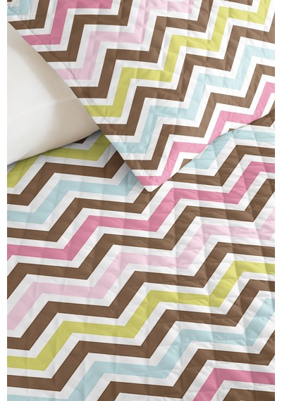 Geometrik Zigzag Pembe Genç Odası Tek Kişilik Pike Takımı-pastel Mavi Kahve 160x220 Cm Yatak Örtüsü Kahverengi