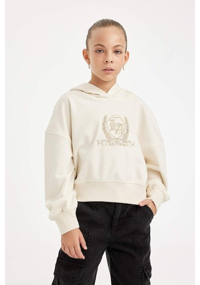 DeFacto Kız Çocuk Ekru Oversize Geniş Kalıp Kapüşonlu İşlemeli Kalın Sweatshirt D2885A824WNER233