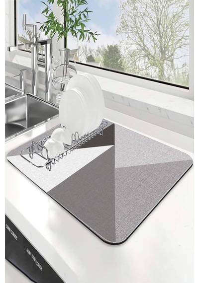 Gri Geometrik Microfiber Bulaşık Kurutma Kurulama Matı Mm006