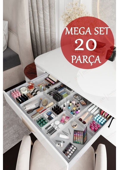 20 Parça Mega Set Çekmece İçi Düzenleyici - Banyo Makyaj Ve Takı Organizer Düzenleyici Şeffaf