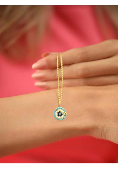Brezza Lusso Jewelry 925 Ayar Gümüş Firuze Taşlı Nazar Gözlü Altın Kaplama Kadın Kolye 48490328 42 CM 42 CM
