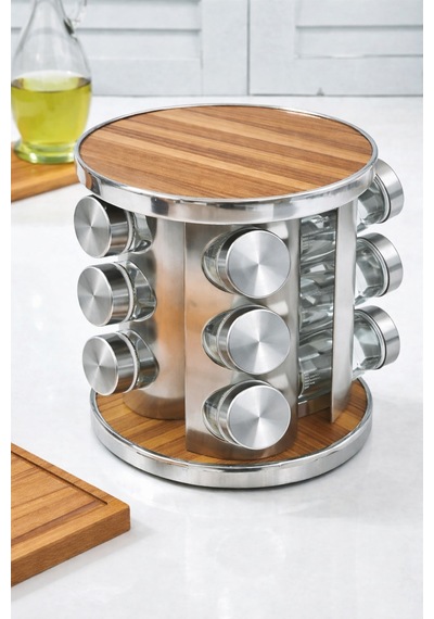 Makri Home 12 Li Ahşap Krom Yuvarlak Döner Baharatlık, 360 Paslanmaz Stantlı, 118 Ml Cam Kavanoz, 19 X 23 Cm Ahşap